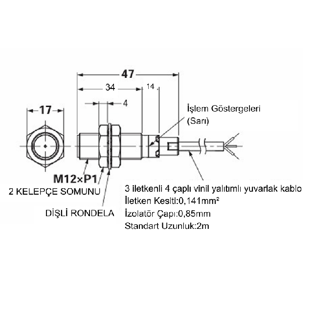 PAJ12P3-2ZNC                  Çap:12mm/Algılama:2mm/3 TELLİ/NPN/NC/2Metre                Kablolu