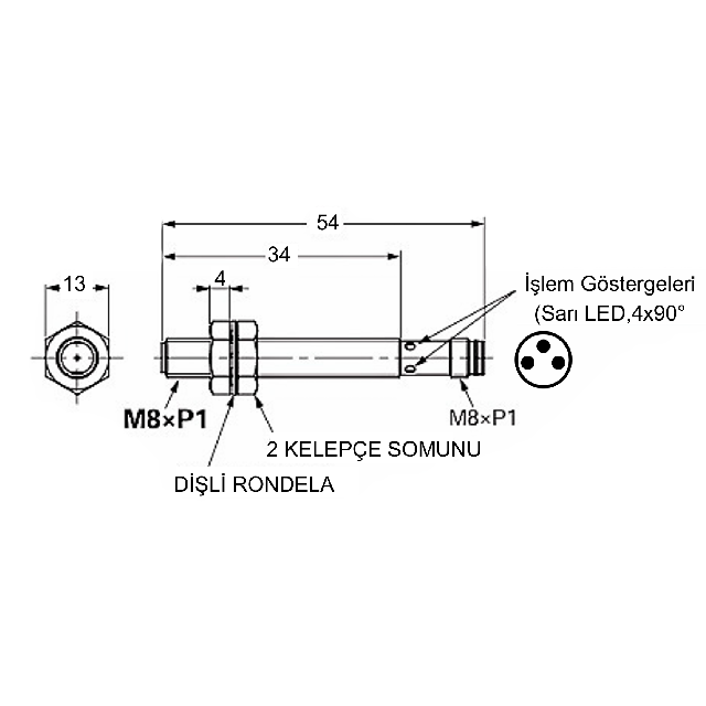 PAL8P3-2ZPC-T                           Çap:8mm/Algılama:2mm/PNP/NC/Soketli